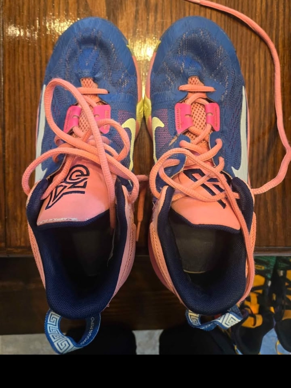 Nike Kids Blue and Pink Athletic Sneakers with Yellow Swoosh